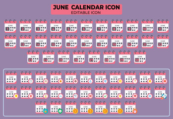 Editable June Calendar Icons Set with Various Design Elements for Schedule Management and Event Planning Purposes