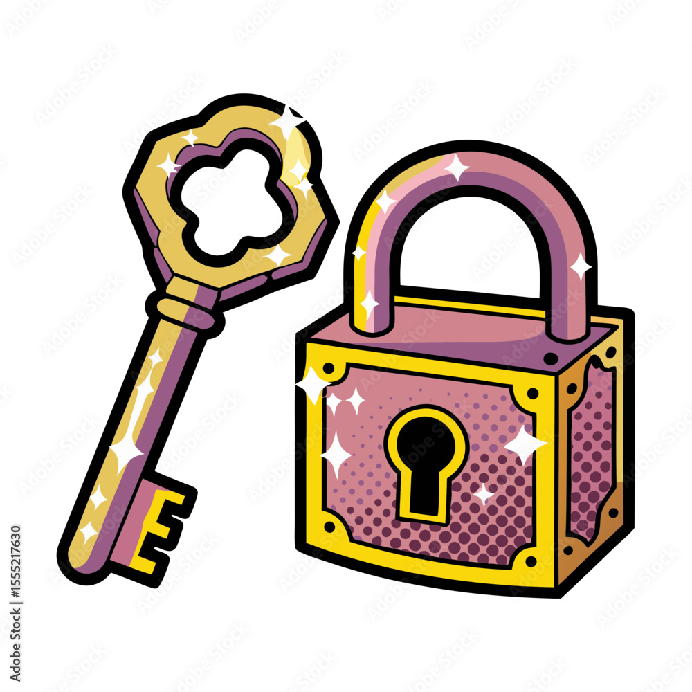 Poster isolated vector image of a key and padlock in pop art style on transparent background