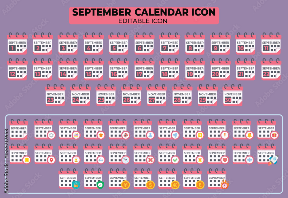 Poster editable vector icon set featuring september calendar dates and symbols for planning
