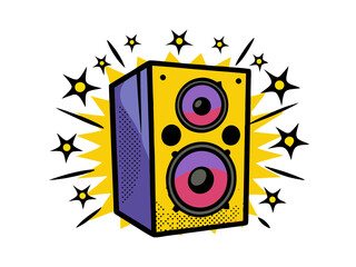 Loudspeaker in comic book style with vibrant colors and starburst background, isolated vector image on transparent background 