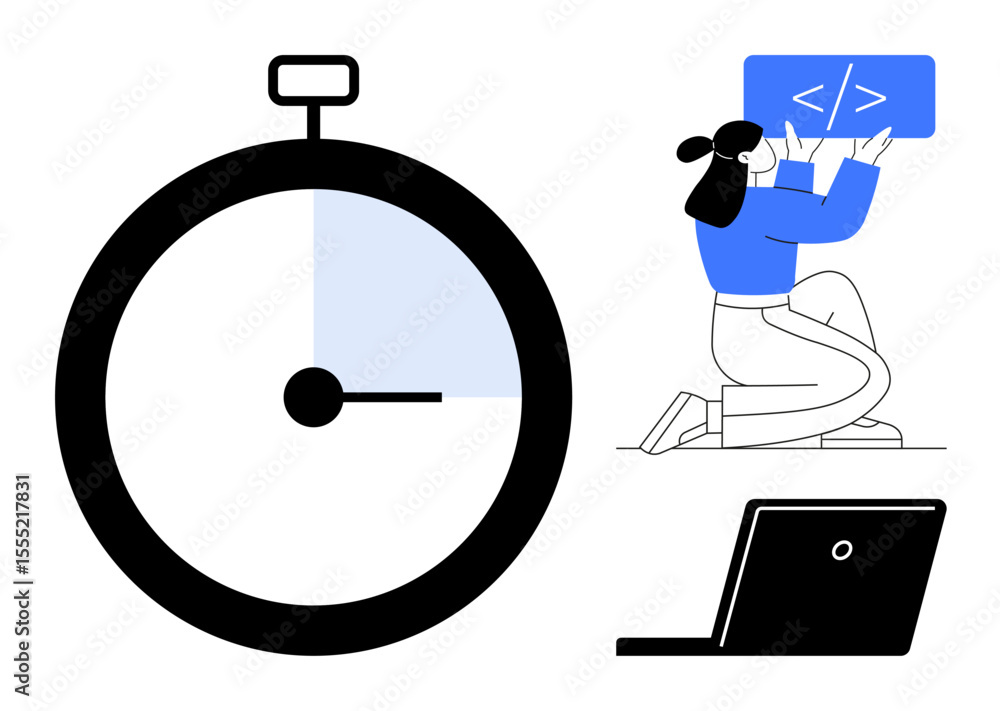 Poster stopwatch, person holding coding board, laptop illustrating coding process, time tracking, productiv
