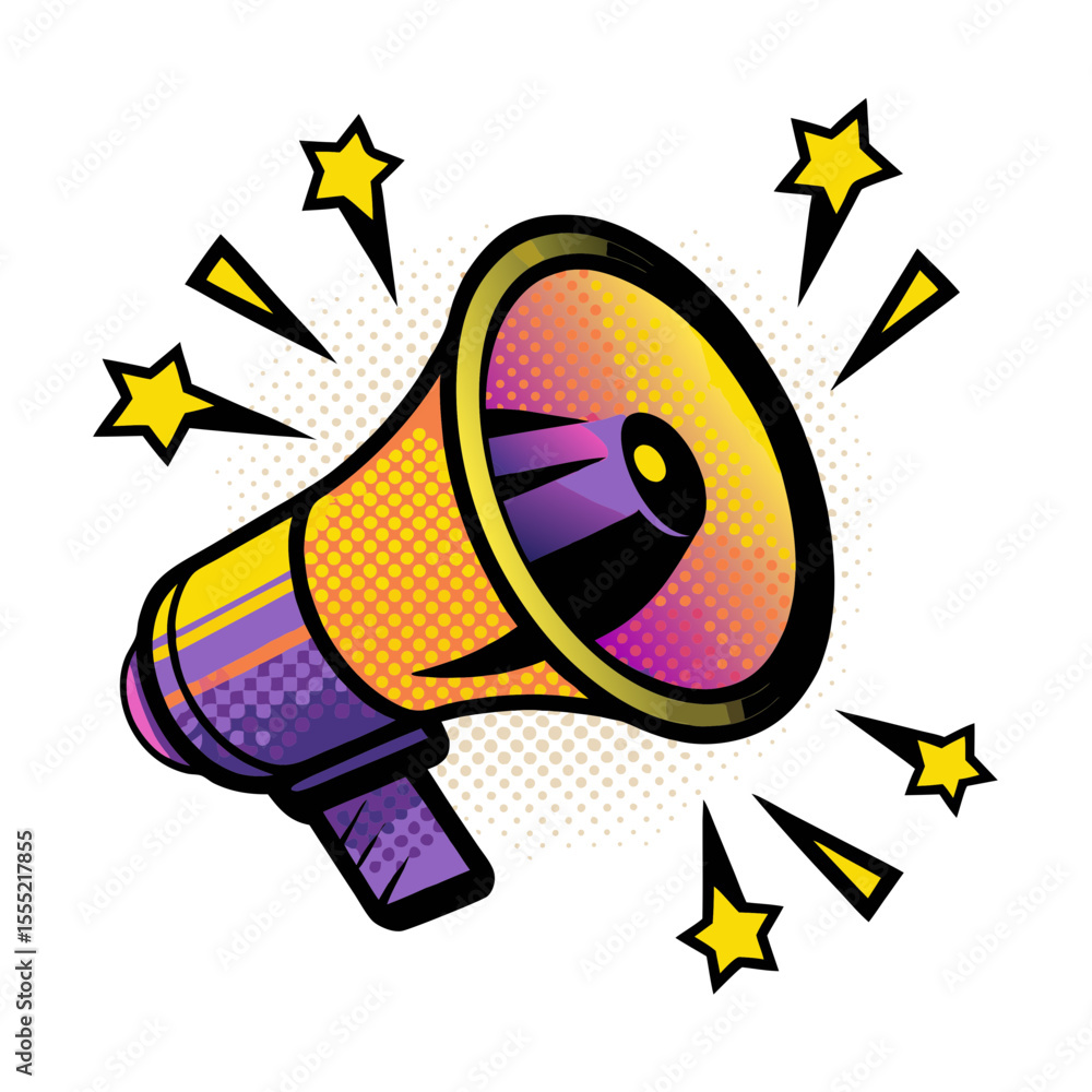 Poster isolated vector image of a colorful megaphone in pop art style on transparent background