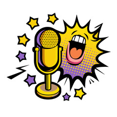 Isolated vector image of microphone with yelling mouth in pop art style on transparent background  