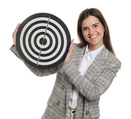Targeting. Smiling businesswoman with dart board on white background