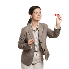 Targeting. Businesswoman with dart aiming on white background