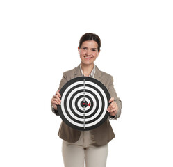 Targeting. Smiling businesswoman with dart board on white background
