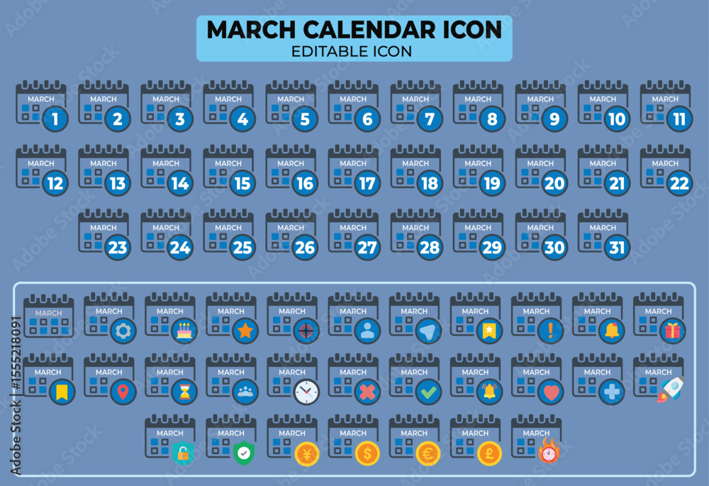 Poster march calendar icon set with dates and various symbols, editable vector template