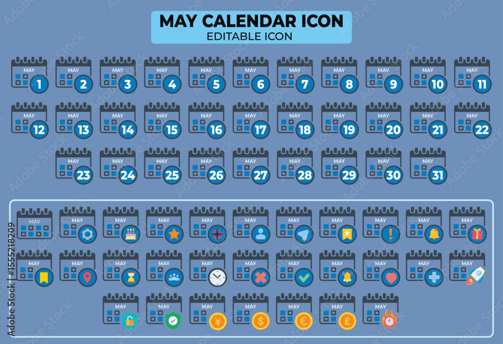 Aufkleber editable may calendar icons set for planning and scheduling in various business applications