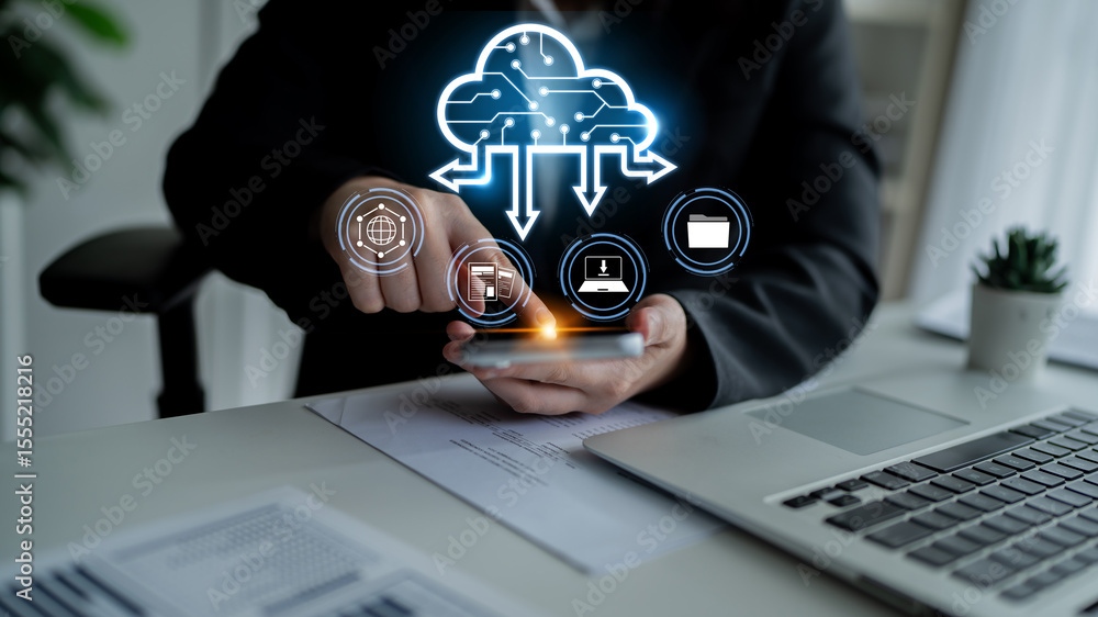 Poster cloud computing enables digital growth with secure data storage, scalable infrastructure, and strate
