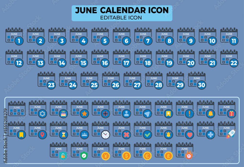 Poster editable june calendar icons collection featuring unique designs for digital use