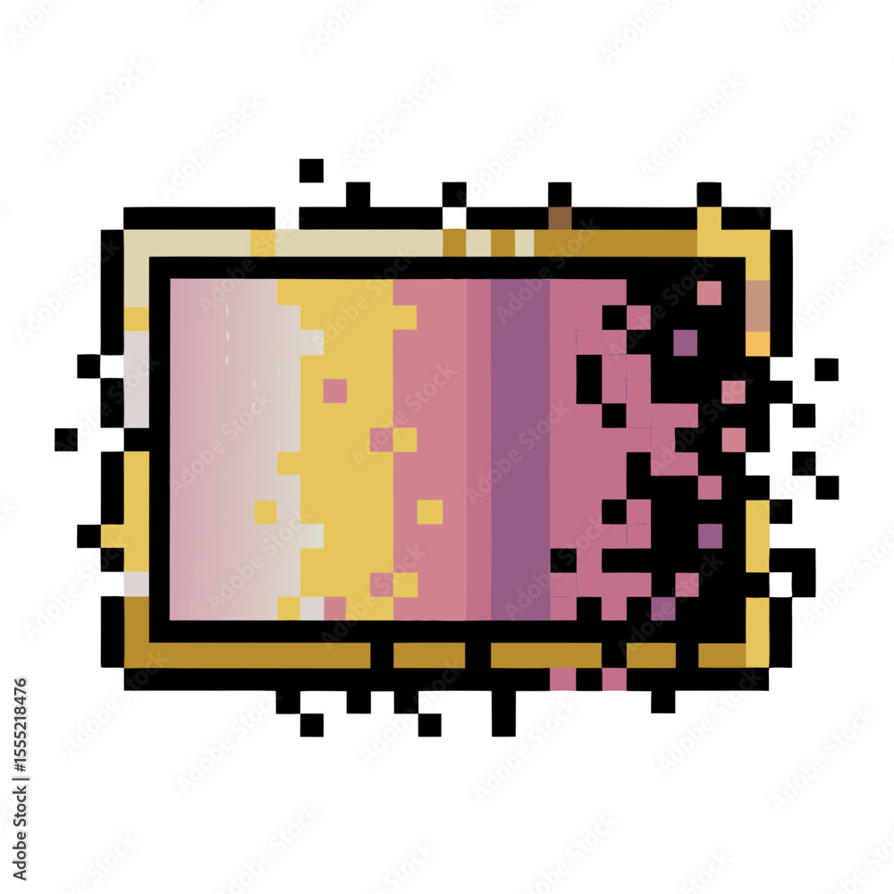 Poster pixelated glitch art in vibrant colors with a rectangular frame, isolated vector image on transparen