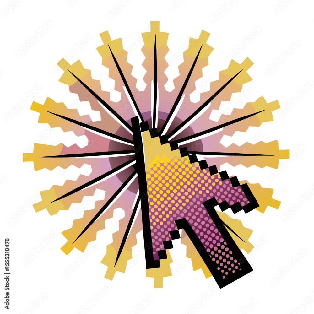 Poster colorful pixelated burst with cursor icon in pop art style, isolated vector image on transparent bac