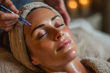A serene woman receiving microdermabrasion treatment at a spa, promoting relaxation and skin rejuvenation with beauty technology for healthy skin.