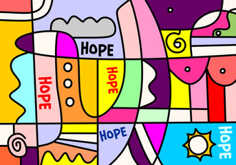 This is a vibrant and abstract illustration featuring the word 