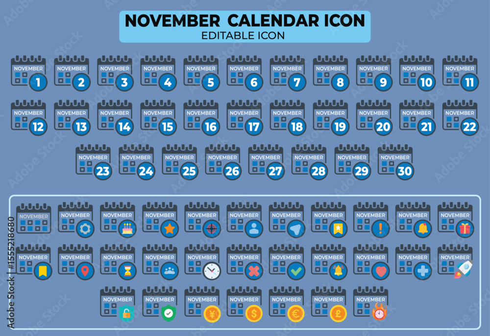 Aufkleber november calendar icon set with editable design elements for scheduling and events