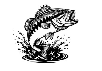 Black and white illustration of a largemouth bass leaping from water