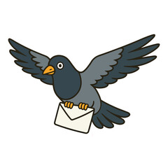 Grey Pigeon in Flight Carrying Envelope Cartoon Illustration