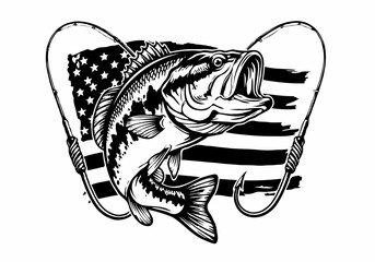 Large mouth bass leaping with fishing hooks and american flag in monochrome