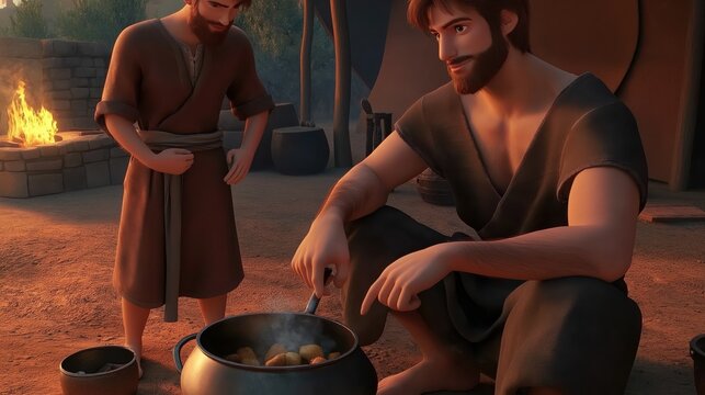 Jacob and Esau, sons of Isaac, face a turning point as Jacob offers a meal in exchange for Esau&rsquo;s birthright&mdash;an act that changes the course of biblical history.
