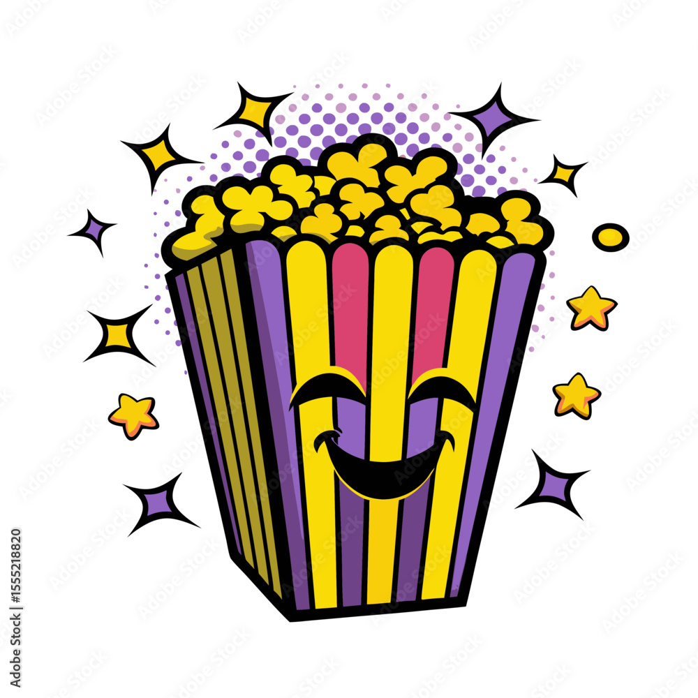 Poster smiling popcorn bucket filled with popcorn in comic book style, isolated vector image on transparent