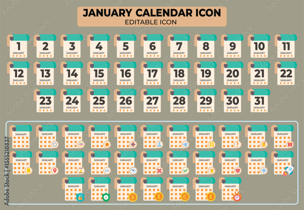 Poster editable january calendar icon set with multiple schedule and event management symbols collection