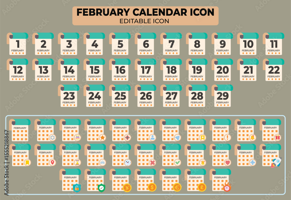 Poster editable february calendar icon set: a comprehensive collection of date and event markers for planni