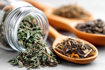 Fototapeta premium Assorted Dried Herbs and Spices in Spoons and Jar for Culinary Use