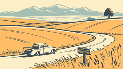 Vintage Country Road with Classic Car.