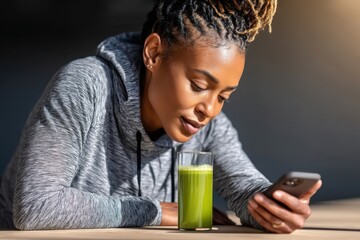 Black Woman Checks Phone with Green Juice on Wooden Table