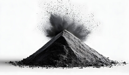 Grey powder pile against white background. A large mound of grey powder, with some particles scattered around the base, sits on a plain white surface