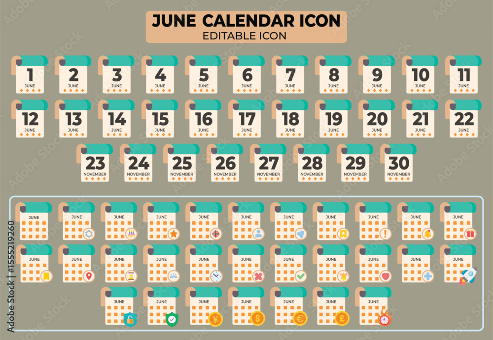 Poster june calendar icon vector set: editable calendar days with customization elements