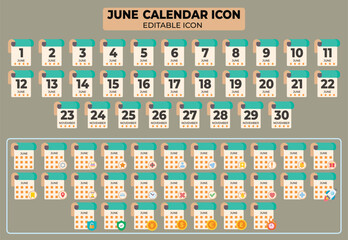June Calendar Icon Vector Set: Editable Calendar Days with Customization Elements