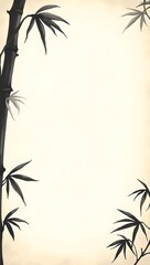 Serene Asian-inspired background featuring stylized black bamboo branches and leaves on a beige parchment texture; minimalist, elegant, and peaceful mood.