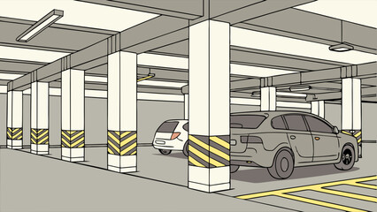 Underground Parking Garage with Two Cars and Support Columns.