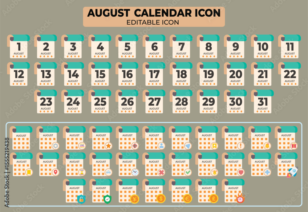 Poster editable august calendar icon set with various appointment and event symbols for web and graphic des