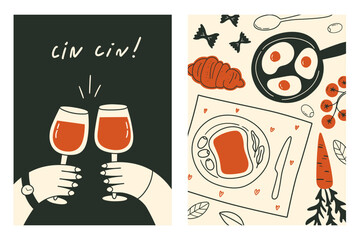 Set of hand drawn food posters in trendy whimsical style. Doodle drawings of hands holding wine glasses. La dolce vita dinner party. Contemporary art vector illustrations