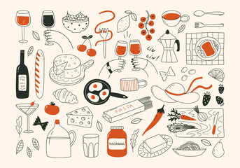 Hand drawn doodle illustrations of italian food and drinks. Line art drawings of wine, cheese, bread, olives, pasta. La dolce vita dinner party elements. Vector graphic