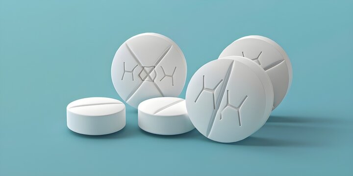 White round pills tablets on blue background pharmaceutical medication healthcare concept