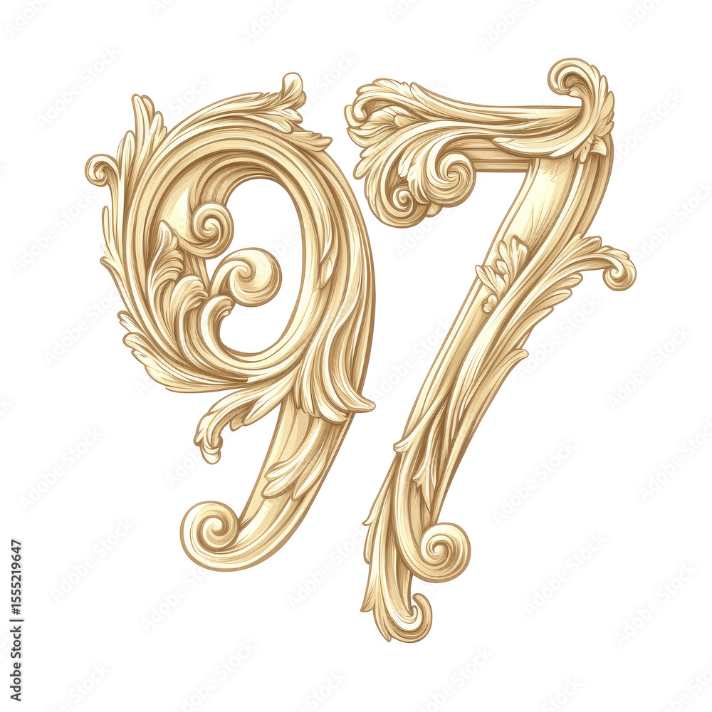 Poster elegant ornate gold numbers ninety-seven with intricate scrollwork and details isolated on a transpa