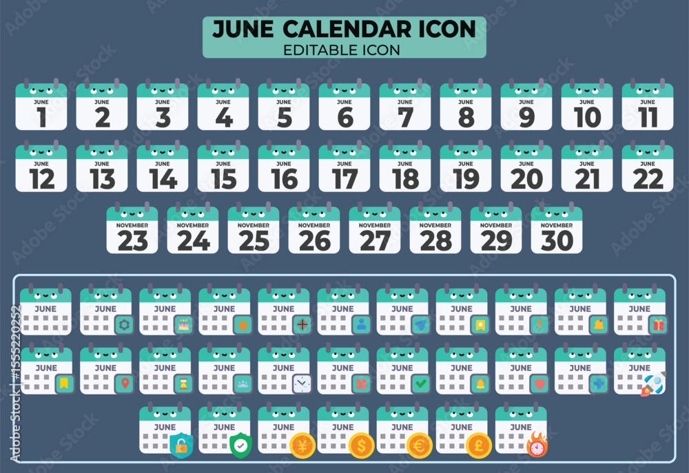 Poster editable vector illustration: a fun and playful june calendar icon collection for versatile use