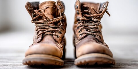 Worn Brown Leather Work Boots with Laces on Wooden Floor