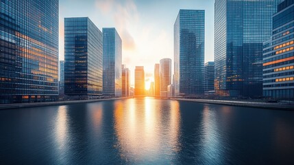 Obraz premium Modern city skyline at sunset reflected in water