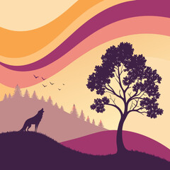 Silhouetted Wolf Howling at Sunrise in a Peaceful Mountain Landscape