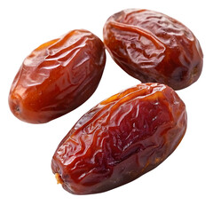 A single medjool date with a wrinkled surface and dark reddish brown color isolated on a black background