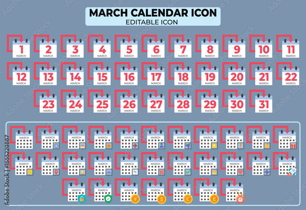 Poster march calendar icon collection: a set of editable vector graphics depicting each day of the month