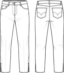 Straight fit jeans with front and back pockets, technical flat sketch, casual fashion pants vector template, denim bottom wear, cad drawing flat vector illustration