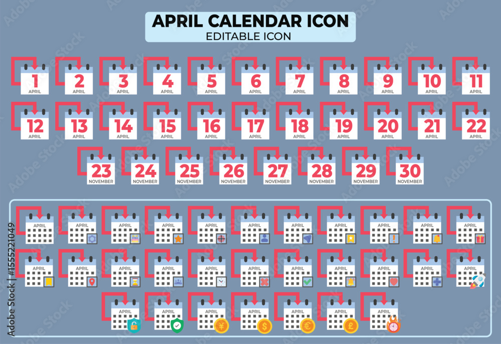 Poster collection of april calendar icons representing each day of the month with editable options