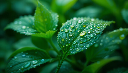 Close-up of Lush Green Leaves with Dew Drops Nature Photography