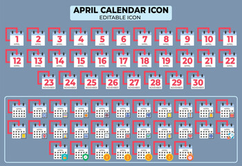 Collection of April calendar icons representing each day of the month with editable options