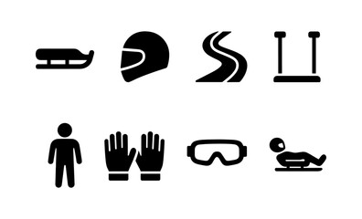 Winter sports icon set featuring sled, helmet, ski goggles, gloves, and more